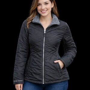 Free Country Womens Black Quilted Puffer Fitted Jacket Faux Fur Collar Small